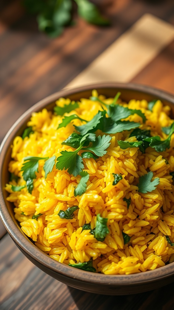A bowl of fluffy spinach yellow rice, garnished with cilantro on a wooden table.